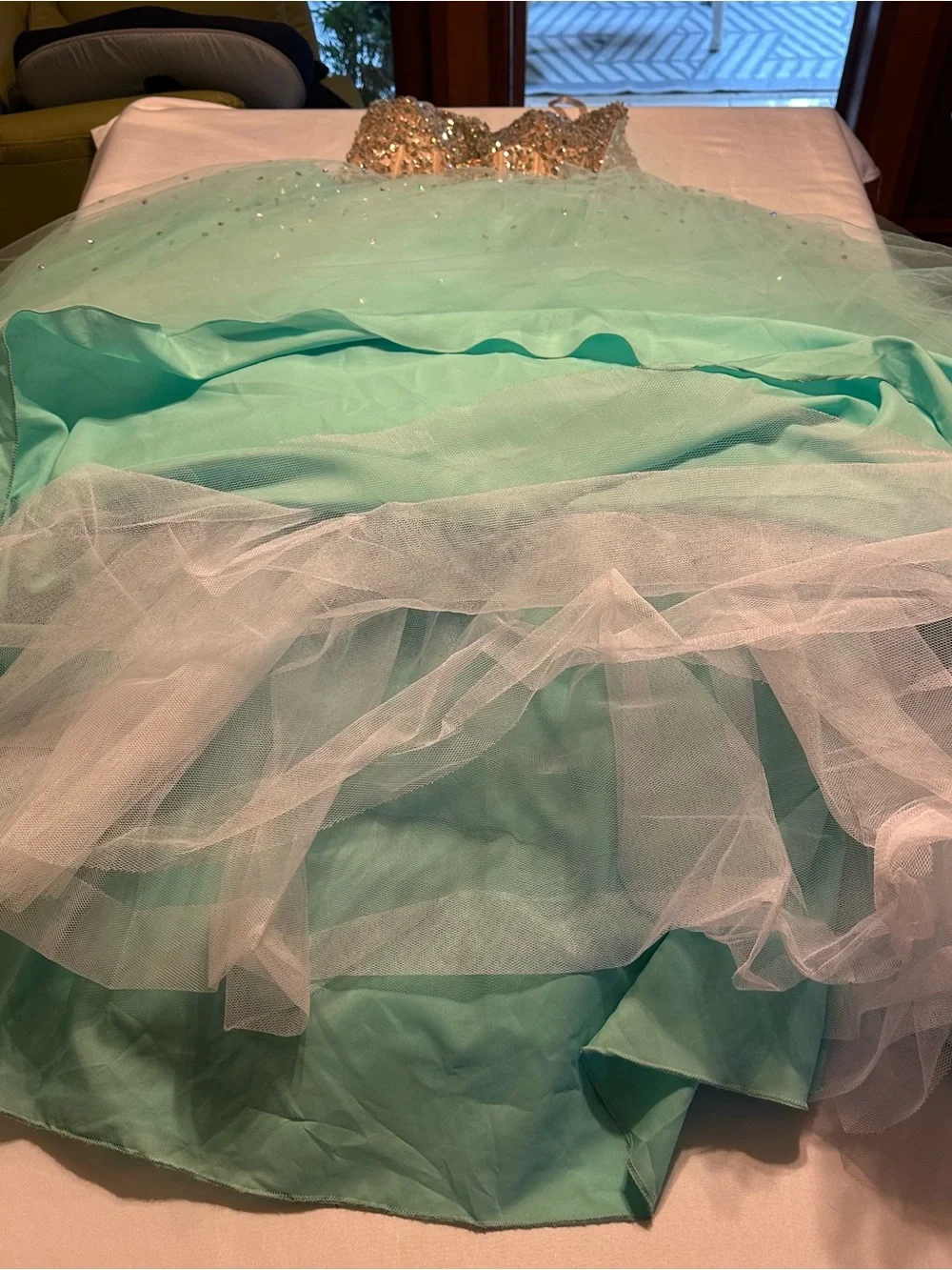 Mori Lee turquoise  Champagne Beaded corset Cinderella Tulle Ball Gown size 18
